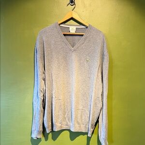 Vintage Lacoste Men's Light Gray V-Neck Sweater